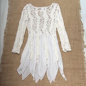 Monroe & Maine Crochet And Guaze Long Sleeve Tunic Top White Sz L